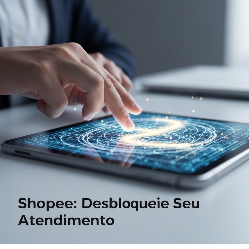 Hands interacting with a tablet screen showing a digital maze with a clear, illuminated path emerging, symbolizing problem resolution for Shopee customer service. The image illustrates "Atendimento ao Cliente Shopee: O Guia Definitivo para Resolver Bloqueios".