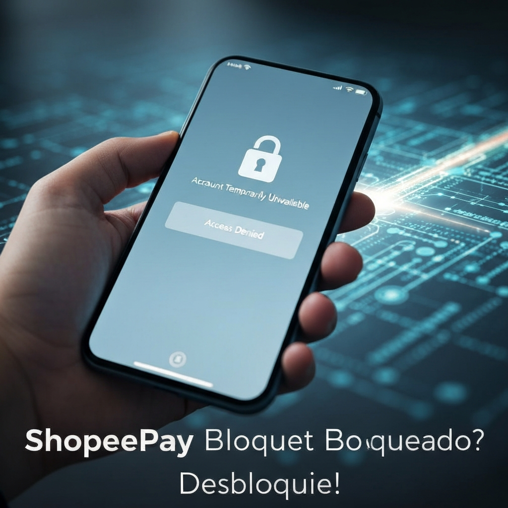 A close-up image of a hand holding a smartphone displaying a 'temporarily unavailable' message, with digital network lines and a glowing path symbolizing resolution. This image illustrates the article 'ShopeePay Bloqueado: O que Fazer com a Conta 'Temporariamente Indisponível''.