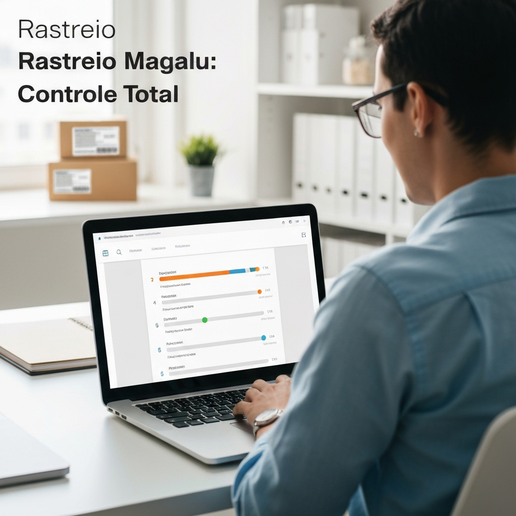 Uma vendedora profissional e confiante rastreando múltiplos pedidos do Magalu Entregas em uma interface de laptop moderna e limpa, com o título "Rastreio Magalu: Controle Total" sobreposto. A imagem ilustra a gestão eficiente de pedidos para vendedores, conforme detalhado em "Como Rastrear Pedidos no Magalu Entregas: O Guia Definitivo para Vendedores".