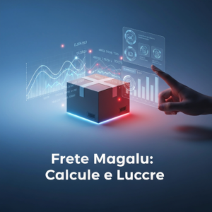 A modern visual of a delivery package surrounded by digital data visualizations and cost metrics, with the headline 'Frete Magalu: Calcule e Lucre', illustrating the article 'Custos do Magalu Entregas: O Guia Definitivo para Calcular o Frete para Parceiros'.