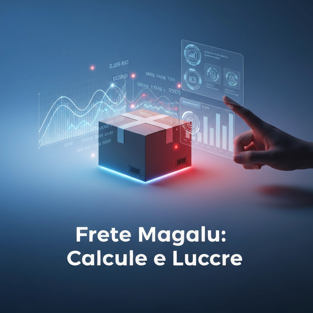 A modern visual of a delivery package surrounded by digital data visualizations and cost metrics, with the headline 'Frete Magalu: Calcule e Lucre', illustrating the article 'Custos do Magalu Entregas: O Guia Definitivo para Calcular o Frete para Parceiros'.