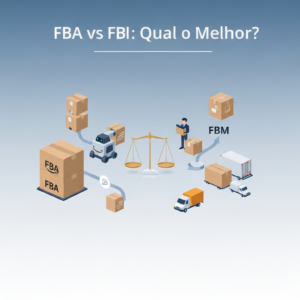 Imagem comparativa de FBA (Fulfillment by Amazon) e FBM (Fulfillment by Merchant) com elementos visuais de logística, embalagens e entrega, ilustrando a análise de custos e benefícios para vendedores na Amazon Brasil.