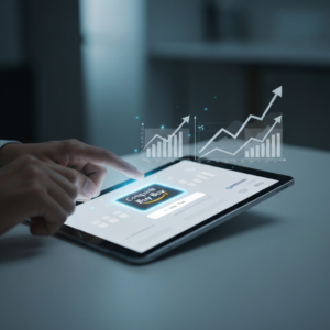 Close-up of hands interacting with a tablet showing a highlighted Amazon Buy Box on screen, surrounded by data visualizations and the headline "Conquiste a Buy Box". This image illustrates the article "Não Ganho a Buy Box da Amazon: 5 Fatores Críticos e Como Resolvê-los", focusing on strategies to win the Amazon Buy Box.