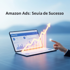 Digital illustration showing a hand guiding an upward-trending graph on an Amazon Ads dashboard, with the headline "Amazon Ads: Seu Guia de Sucesso", representing the practical guide on how to create your first successful Amazon Ads campaign.