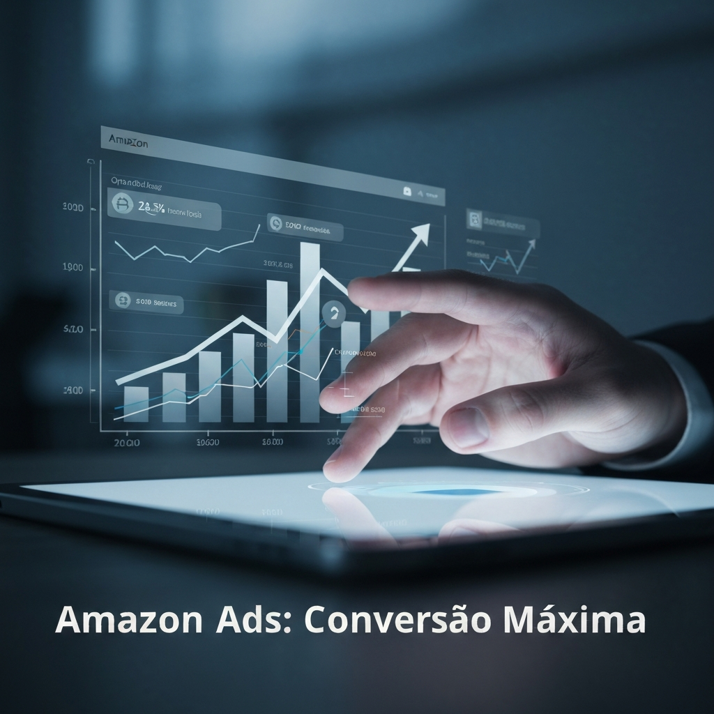 Imagem de uma mão interagindo com uma projeção holográfica de gráficos de crescimento e dados de anúncios da Amazon, com o texto "Amazon Ads: Conversão Máxima". Ilustra as 7 técnicas avançadas para otimização de anúncios na Amazon e aumento da taxa de conversão.