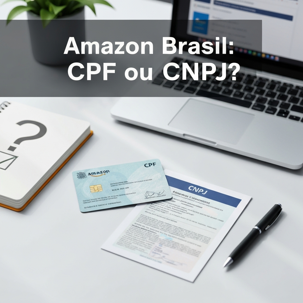An overhead view of a desk with a CPF card, a CNPJ document, a laptop displaying Amazon Seller Central, and a notebook, illustrating the requirements for selling on Amazon Brazil and the choice between CPF and CNPJ accounts.