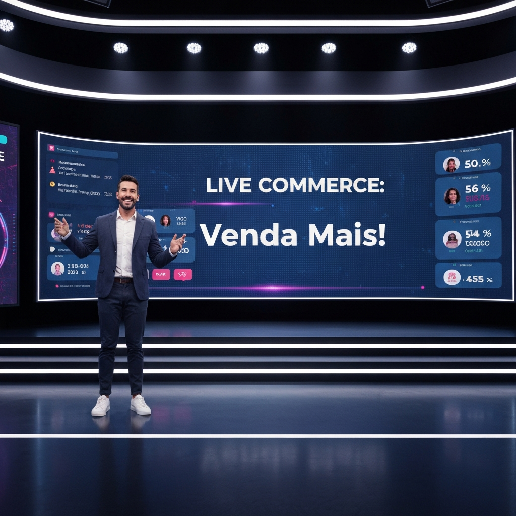 Imagem de um apresentador carismático em um estúdio de live commerce moderno, com telas digitais exibindo a headline "LIVE COMMERCE: Venda Mais!" e dados de vendas, ilustrando o guia "Como Montar sua Estratégia de Live Commerce do Zero [Passo a Passo]".