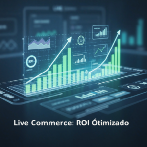 A digital dashboard displaying advanced live commerce metrics and KPIs, with glowing charts showing optimized ROI and strategic growth. The image visually represents "Métricas de Live Commerce: 8 KPIs Avançados para Otimizar seu ROI".