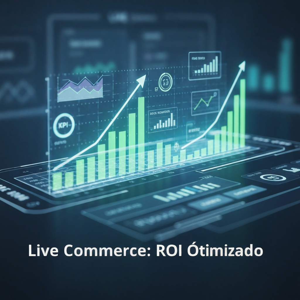 A digital dashboard displaying advanced live commerce metrics and KPIs, with glowing charts showing optimized ROI and strategic growth. The image visually represents "Métricas de Live Commerce: 8 KPIs Avançados para Otimizar seu ROI".