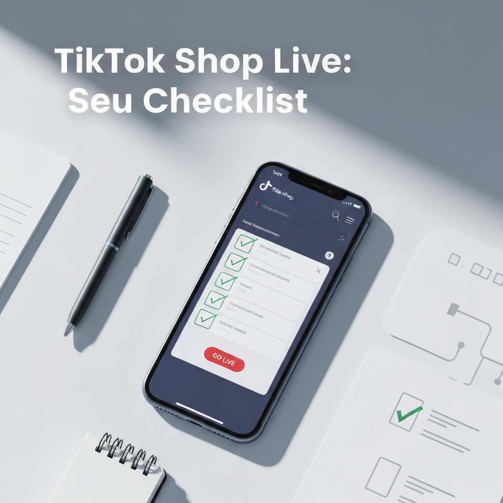 Imagem de um smartphone exibindo a interface do TikTok Shop com um checklist digital, simbolizando os 'Requisitos Essenciais para Fazer Live no TikTok Shop: Checklist Completo 2024'. A cena é limpa e profissional, com elementos que remetem à organização e conformidade para vendas ao vivo.