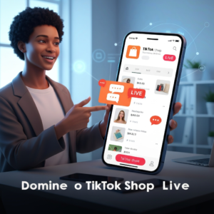 Imagem de uma pessoa sorrindo e interagindo com um smartphone que exibe uma live de vendas do TikTok Shop, com produtos e o ícone da sacola de compras visíveis, ilustrando o guia "Como Configurar o TikTok Shop para Vendas em Live: Guia Passo a Passo".