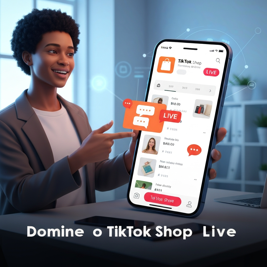 Imagem de uma pessoa sorrindo e interagindo com um smartphone que exibe uma live de vendas do TikTok Shop, com produtos e o ícone da sacola de compras visíveis, ilustrando o guia "Como Configurar o TikTok Shop para Vendas em Live: Guia Passo a Passo".