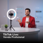 Jovem empreendedor(a) profissional conduzindo uma live de vendas no TikTok com setup de alta qualidade, microfone e iluminação, simbolizando a superação dos 7 maiores erros em lives de vendas no TikTok e como evitá-los.