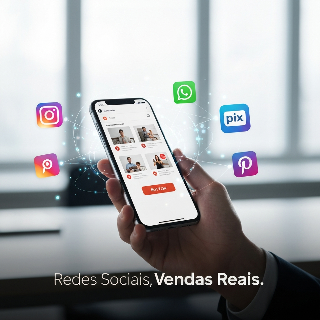 Imagem de um smartphone exibindo uma interface de social commerce, com ícones de redes sociais e elementos de pagamento flutuando ao redor, ilustrando "Social Commerce no Brasil: O Guia Definitivo para Vender nas Redes Sociais".