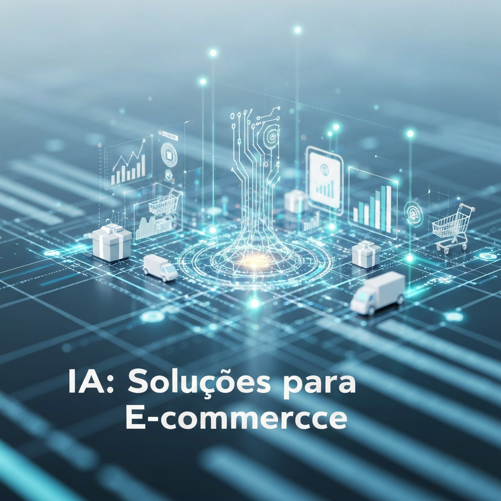 Visualização futurista de inteligência artificial conectando e otimizando elementos de e-commerce como carrinhos de compra, gráficos de dados e logística, ilustrando como a IA resolve os 5 problemas do e-commerce.