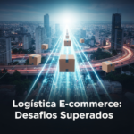 An image depicting optimized e-commerce logistics in Brazil, with packages moving swiftly on a glowing, streamlined pathway through a modern urban landscape, symbolizing overcoming the 7 major challenges of e-commerce logistics in Brazil as described in the article "Logística para E-commerce no Brasil: Um Guia Prático para Superar os 7 Maiores Desafios".