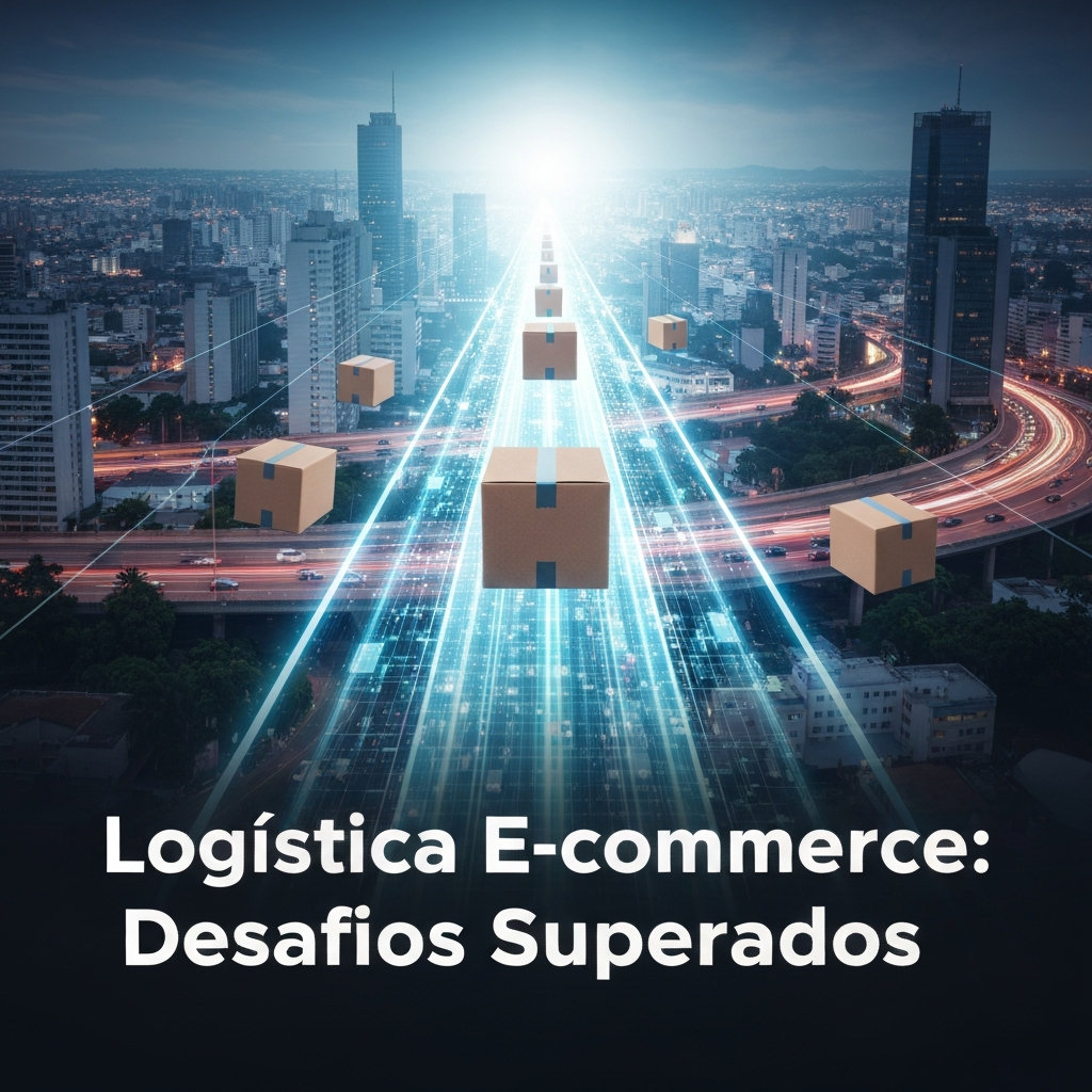 An image depicting optimized e-commerce logistics in Brazil, with packages moving swiftly on a glowing, streamlined pathway through a modern urban landscape, symbolizing overcoming the 7 major challenges of e-commerce logistics in Brazil as described in the article "Logística para E-commerce no Brasil: Um Guia Prático para Superar os 7 Maiores Desafios".