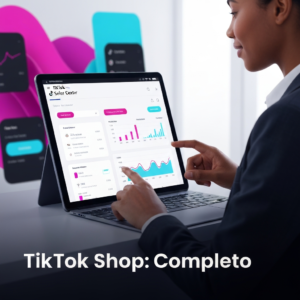 Imagem de um profissional gerenciando uma loja no TikTok Shop Seller Center em um tablet, com o título "TikTok Shop: Seu Guia Completo" sobreposto. A imagem ilustra o tutorial passo a passo para cadastrar e gerenciar sua loja no TikTok Shop.