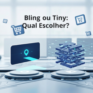 Visual comparing Bling and Tiny ERP systems for e-commerce, showing a streamlined interface representing Bling's simplicity on one side and a complex, interconnected network representing Tiny ERP's advanced scalability on the other, with the headline 'Bling ou Tiny: Qual Escolher?' overlaid. This image illustrates the article 'Bling vs Tiny ERP: Qual o Melhor Sistema para seu E-commerce em 2024?'