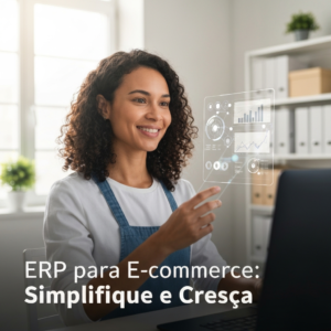 Imagem de uma empreendedora de e-commerce sorrindo, olhando para uma interface digital organizada com dados de estoque e vendas, simbolizando a eficiência e o crescimento proporcionados por um sistema ERP acessível para pequenas empresas de e-commerce.