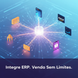 Digital illustration showing an ERP system as a central hub connecting via flowing data lines to stylized representations of Mercado Livre, Amazon, and Shopee marketplaces, with the headline "Integre ERP. Venda Sem Limites." The image visually represents how to integrate your ERP with marketplaces like Mercado Livre, Amazon, and Shopee for practical e-commerce management.