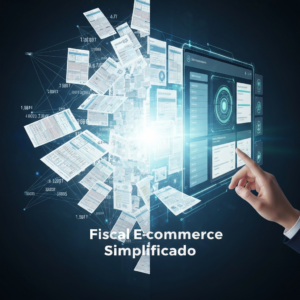 Digital illustration showing complex fiscal documents transforming into a streamlined, organized digital interface, representing an ERP system simplifying tax and invoice issuance for e-commerce. The image visually explains "Automação Fiscal no E-commerce: Como um ERP Simplifica a Emissão de Notas e Impostos".