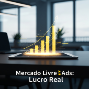 Uma imagem conceitual de marketing digital, mostrando um gráfico financeiro ascendente e brilhante emergindo de uma tela de tablet minimalista, com as cores da marca Mercado Livre. Simboliza a análise de custos e ROI para determinar a rentabilidade do Mercado Livre Ads.