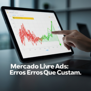 Imagem de uma mão interagindo com um tablet, onde um gráfico de dados mostra uma linha vermelha caótica se transformando em uma linha verde ascendente, simbolizando a correção de 7 erros comuns em Mercado Livre Ads que prejudicam vendas e como evitá-los, levando a otimização e lucro.