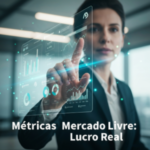 Imagem de um profissional analisando gráficos e dados de performance de campanhas do Mercado Livre Ads em uma tela digital futurista, com o título "Métricas Mercado Livre: Lucro Real" sobreposto. A imagem ilustra a otimização de ACOS e ROI para sucesso em vendas.