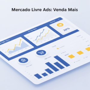 Digital dashboard showing upward trending graphs and e-commerce metrics, with the headline 'Mercado Livre Ads: Venda Mais', illustrating how to optimize Mercado Livre Ads campaigns for increased sales and profitability.