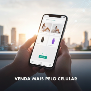A close-up of hands holding a modern smartphone displaying an optimized e-commerce website with a vibrant product page and a prominent 'buy now' button, set against a subtly blurred background suggesting digital growth and connectivity in Brazil. The image visually represents the core concept of 'M-Commerce no Brasil: O Guia Definitivo para Vender Mais pelo Celular'.