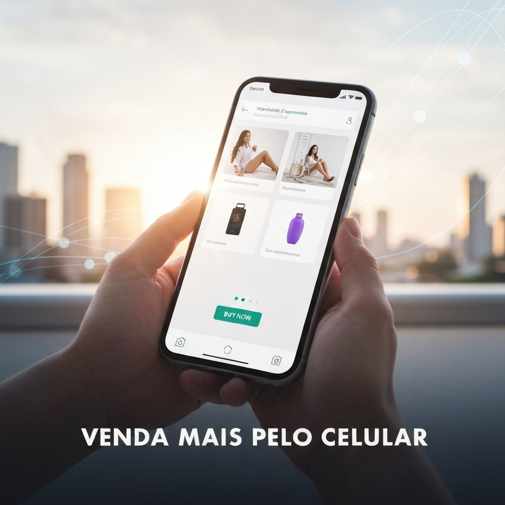 A close-up of hands holding a modern smartphone displaying an optimized e-commerce website with a vibrant product page and a prominent 'buy now' button, set against a subtly blurred background suggesting digital growth and connectivity in Brazil. The image visually represents the core concept of 'M-Commerce no Brasil: O Guia Definitivo para Vender Mais pelo Celular'.