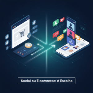 Digital illustration comparing Social Commerce and Traditional E-commerce, showing a strategic choice between the two, with elements like a website interface, shopping cart, social media feeds, and smartphone. The image addresses the question: Social Commerce vs. E-commerce Tradicional: Qual o Melhor Canal para o seu Negócio?