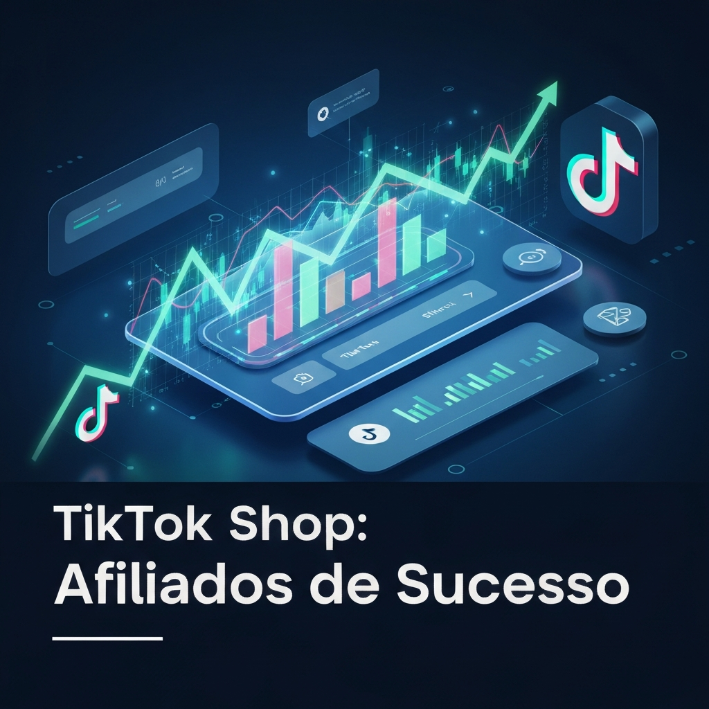 Ilustração digital dinâmica de estratégias avançadas para um programa de afiliados de sucesso no TikTok Shop, com gráficos de crescimento, elementos de dados e o texto "TikTok Shop: Afiliados de Sucesso".