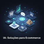 Digital illustration showing AI solving 5 critical e-commerce problems, with glowing data streams connecting elements like a shopping cart, analytics, and chatbots, representing how artificial intelligence transforms online retail today.