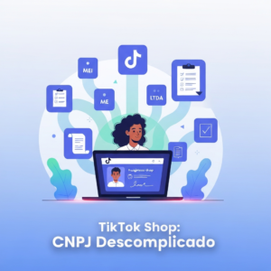 Uma ilustração digital moderna e profissional mostrando um empreendedor usando um laptop com a interface do TikTok Shop, cercado por ícones de documentos e tipos de CNPJ, simbolizando o "TikTok Shop para Vendedores: Guia Completo de Requisitos e Documentos para 2025".