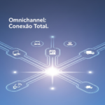 An abstract, high-tech illustration depicting the seamless integration of various e-commerce channels, including online platforms, physical stores, and logistics, all connected by glowing lines, with the headline 'Omnichannel: Conexão Total.' This image represents the comprehensive guide on implementing an omnichannel strategy in e-commerce.