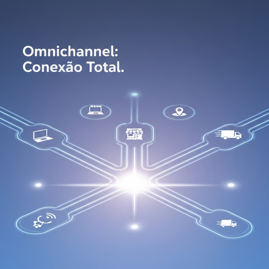 An abstract, high-tech illustration depicting the seamless integration of various e-commerce channels, including online platforms, physical stores, and logistics, all connected by glowing lines, with the headline 'Omnichannel: Conexão Total.' This image represents the comprehensive guide on implementing an omnichannel strategy in e-commerce.