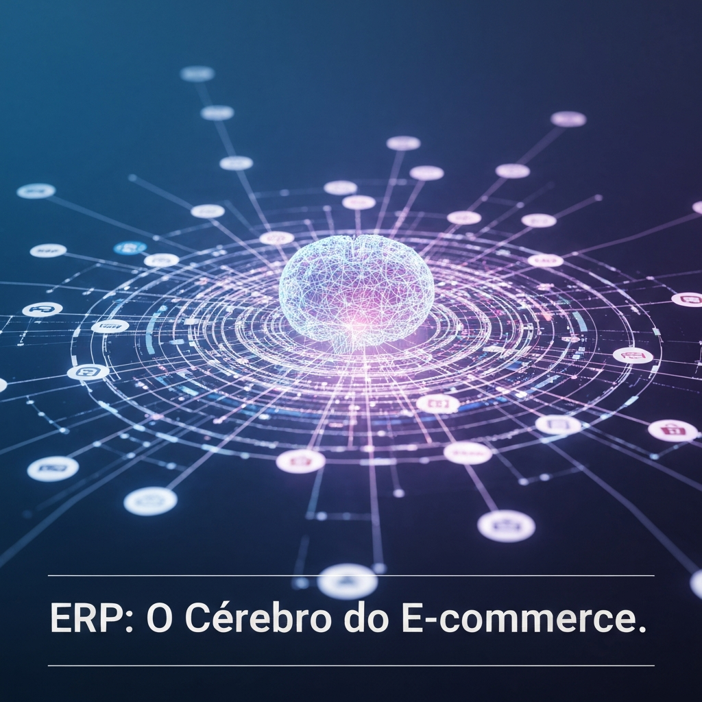 Uma rede digital futurista com um núcleo central brilhante, representando um sistema ERP, integrando vários ícones de marketplaces como Mercado Livre, Amazon e Shopee. A imagem ilustra como um ERP centraliza e otimiza as operações de e-commerce multicanal, respondendo à pergunta 'O Que É um ERP para Marketplaces e Por Que Você Precisa de Um?'.