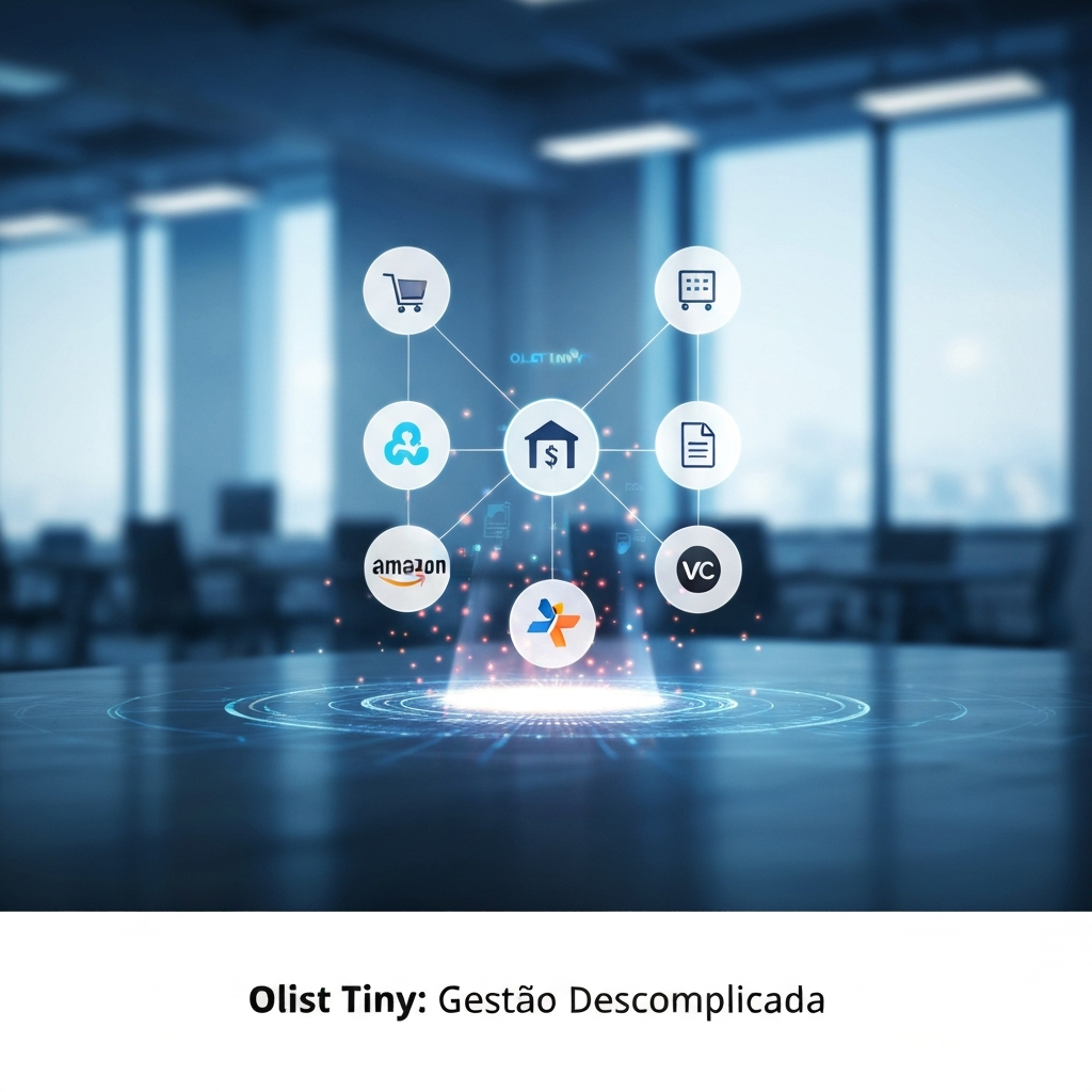 Imagem conceitual de um sistema ERP centralizado, mostrando a integração de estoque, pedidos e marketplaces, com o texto "Olist Tiny: Gestão Descomplicada". Ilustra o artigo "O que é Olist Tiny? O Guia Definitivo para Vendedores de Marketplace".