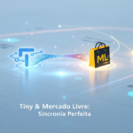 Imagem visualmente representa a integração e sincronização perfeita entre Tiny ERP e Mercado Livre, com dados fluindo entre as plataformas, ilustrando o guia definitivo para automação de estoque, preços e notas fiscais.