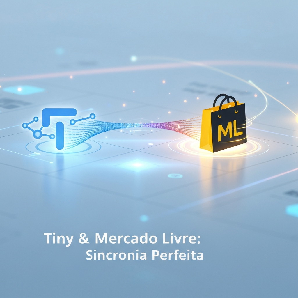 Imagem visualmente representa a integração e sincronização perfeita entre Tiny ERP e Mercado Livre, com dados fluindo entre as plataformas, ilustrando o guia definitivo para automação de estoque, preços e notas fiscais.