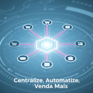 A digital hub connecting multiple e-commerce marketplace icons with glowing lines, symbolizing centralized management and automation for online sales, illustrating the concept of 'O Que É um Hub de Integração para Marketplaces e Como Funciona?'.