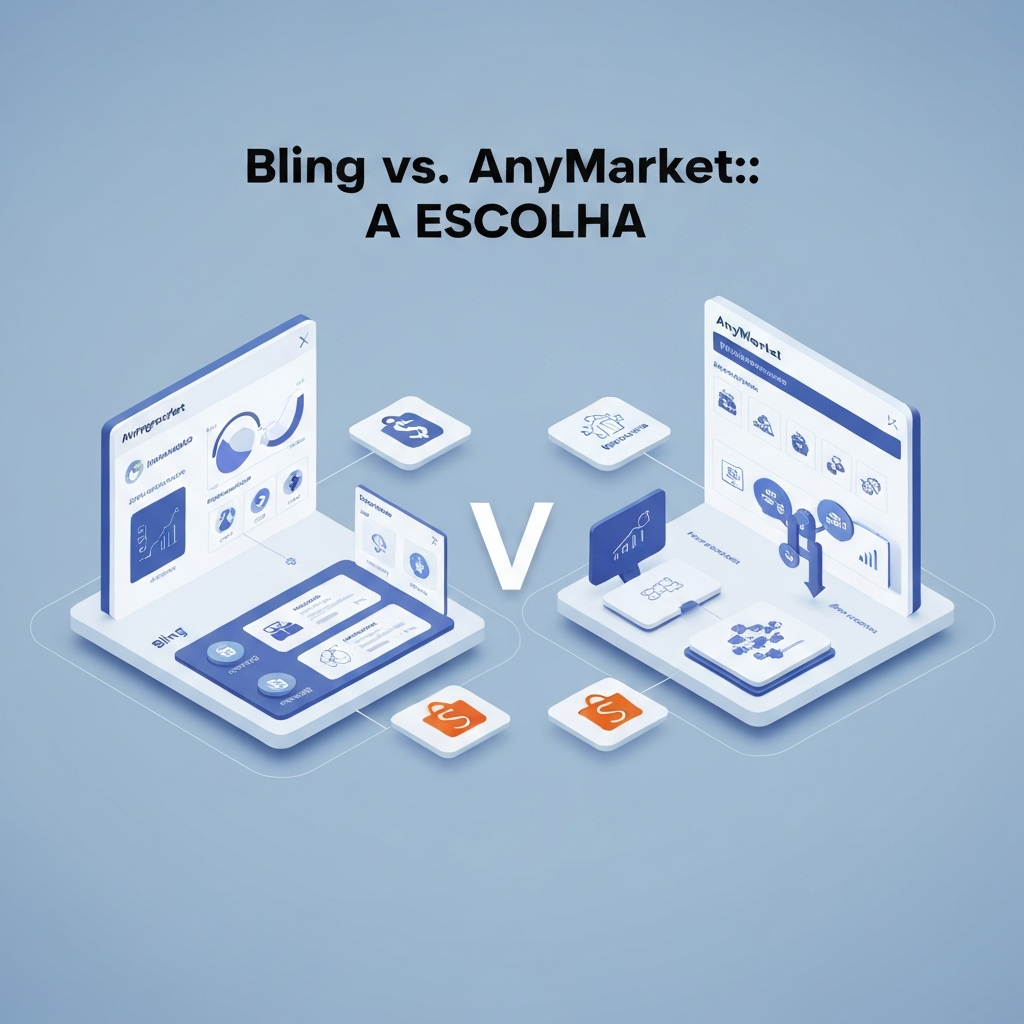 Digital illustration comparing Bling and AnyMarket platforms, showing integrated ERP features versus dedicated hub functionalities, with connections to Mercado Livre and Shopee logos, addressing 'Bling vs. AnyMarket: Qual o Melhor Hub para Integrar Mercado Livre e Shopee?'