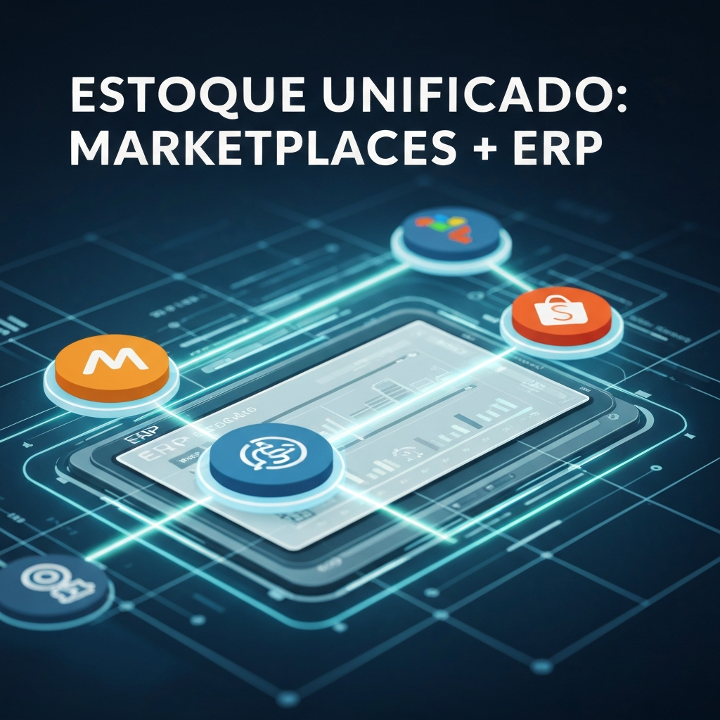 An illustration of a digital dashboard showing seamless stock synchronization between Mercado Livre, Shopee, and an ERP system, representing the step-by-step guide on how to synchronize stock.