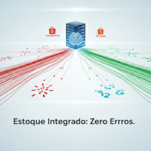 Digital illustration showing seamless data synchronization between Mercado Livre, Shopee, and a central ERP system, symbolizing the prevention of 5 common inventory errors in e-commerce integration.