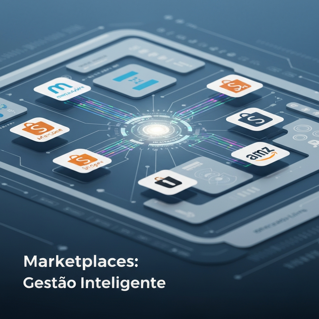 Imagem conceitual mostrando um painel de controle digital centralizado com ícones de marketplaces e fluxos de dados, simbolizando a gestão eficiente de estoque para marketplaces. O título do artigo é "Melhores Softwares de Gestão de Estoque para Marketplaces: Análise Comparativa".