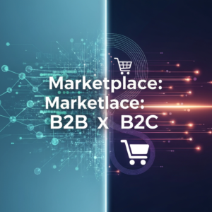 Digital art illustrating the essential differences between B2B (Business-to-Business) and B2C (Business-to-Consumer) marketplaces, with abstract representations of complex corporate networks on one side and streamlined consumer shopping on the other. The headline reads "Marketplace: B2B x B2C".