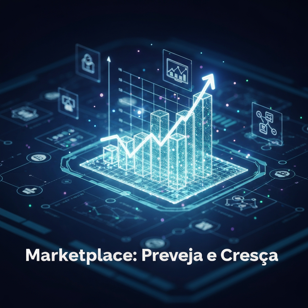 An abstract digital illustration showing a glowing upward trend graph surrounded by interconnected data points and marketplace icons, symbolizing demand forecasting methods and essential tools for marketplaces. The image visually represents 'Previsão de Demanda para Marketplaces: Métodos e Ferramentas Essenciais'.
