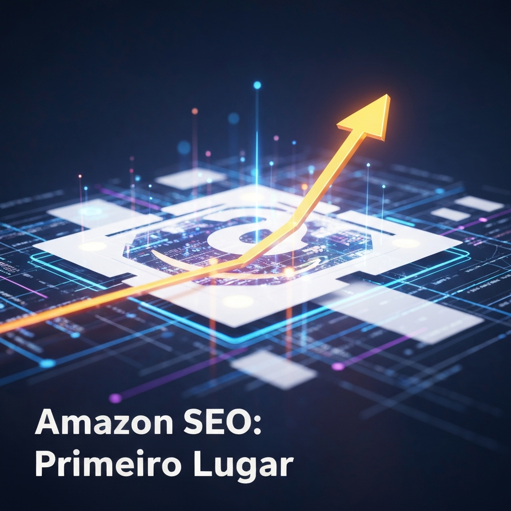Digital illustration showing an upward arrow symbolizing top ranking, emerging from an abstract Amazon digital ecosystem with glowing data streams and network connections, representing the definitive guide to Amazon SEO for ranking first.
